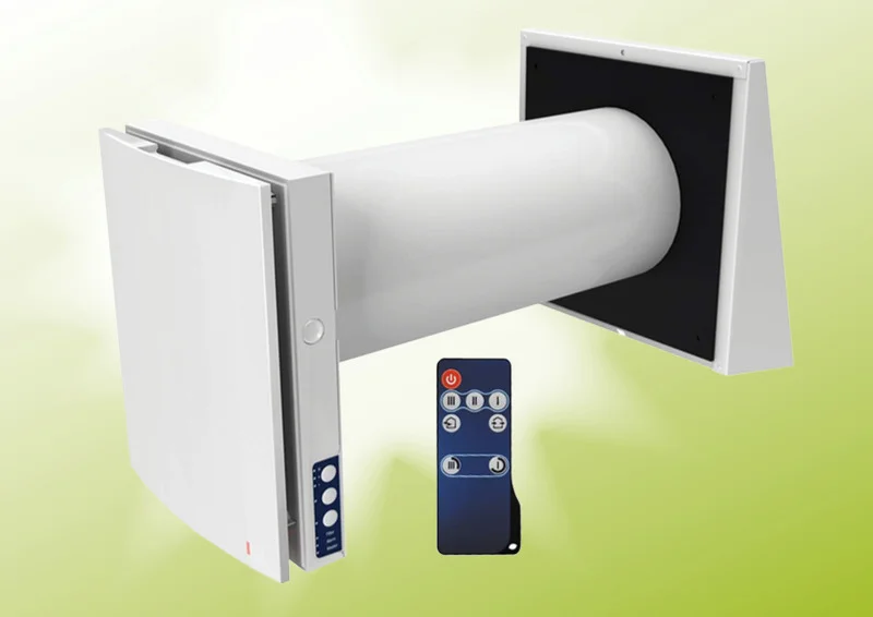 Bild einer dezentralen Lüftungsanlage, das vento expert a50-1 W V.2 Modell von Blauberg, komplett mit passender App-gesteuerter Funkfernbedienung.”