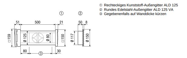 Maico Außenluftdurchlass ALD 125 Maßzeichnung