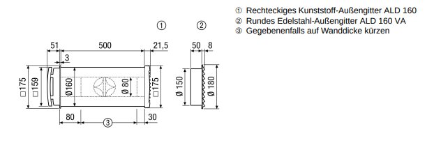 Maico Außenluftdurchlass ALD 160 Maßzeichnung